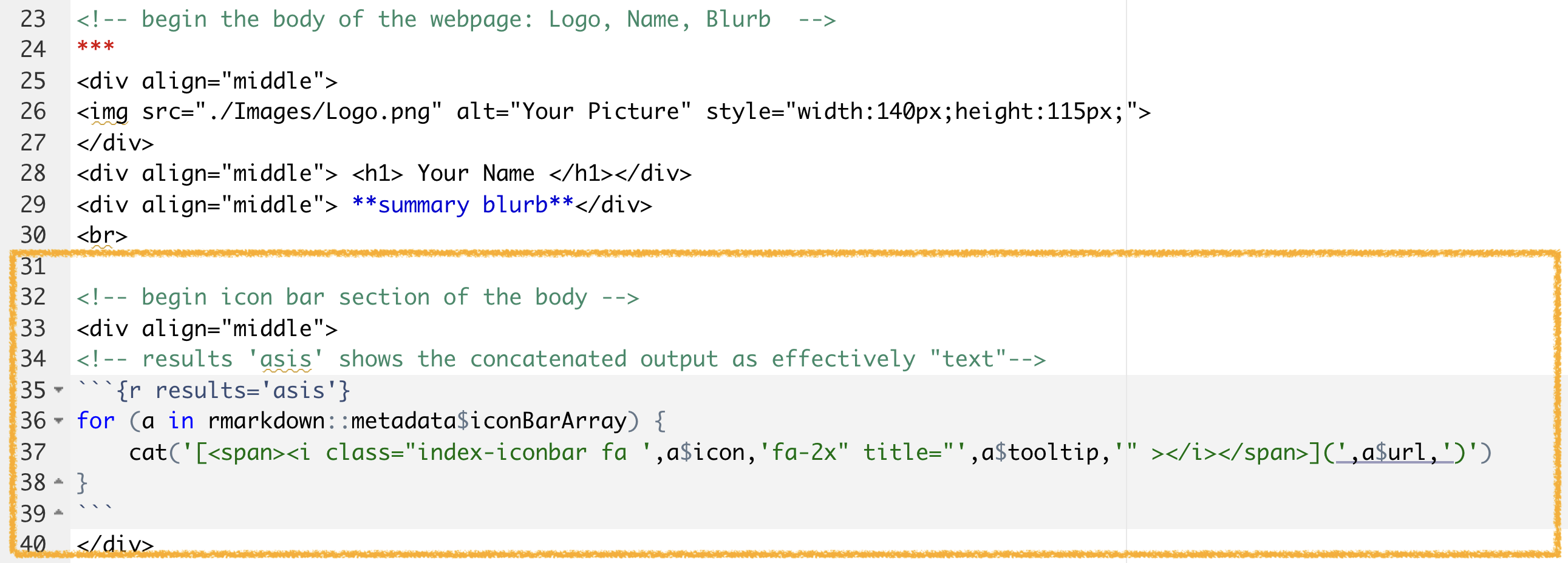 Icon Bar Array R Code Chunk. The code above are the middle lines which finally complete the index.Rmd shown in Figure 9.