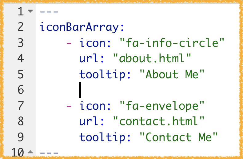 Icon Bar and Icon Bar Array Variables. (top/left) The Icon Bar (bottom/right) The YAML Header of index.Rmd. The code in the YAML header (as indicated by ___) defines the Key iconBarArray With Array Value icon-url-tooltip and is the first 10 lines that partly complete the index.Rmd shown in Figure 9.