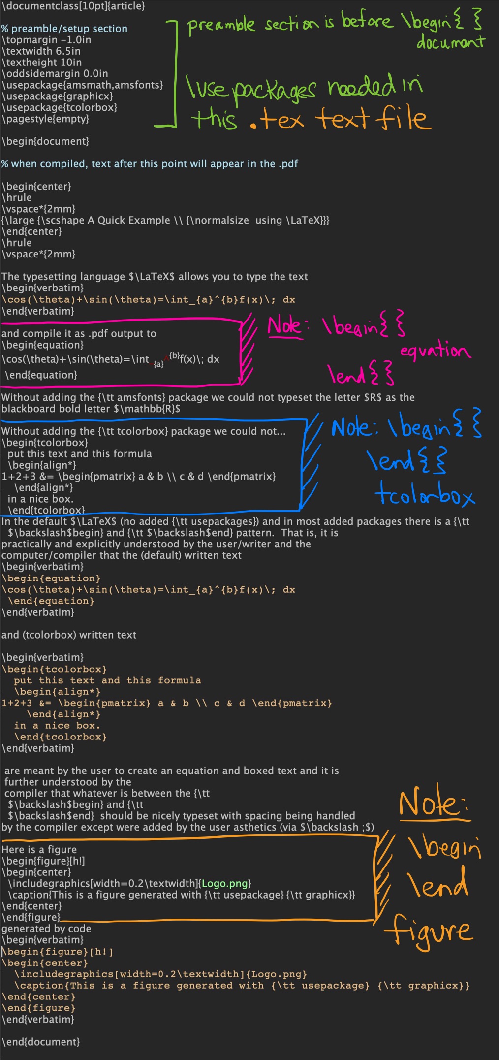 LaTeX Example. (top/left) This .tex text file will compile to the (bottom/right) this .pdf file