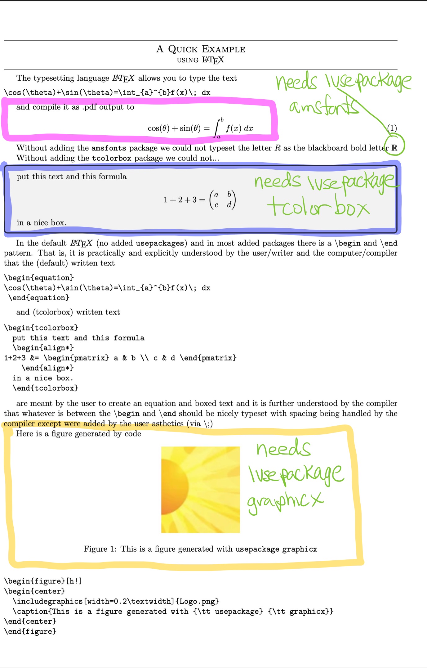 LaTeX Example. (top/left) This .tex text file will compile to the (bottom/right) this .pdf file