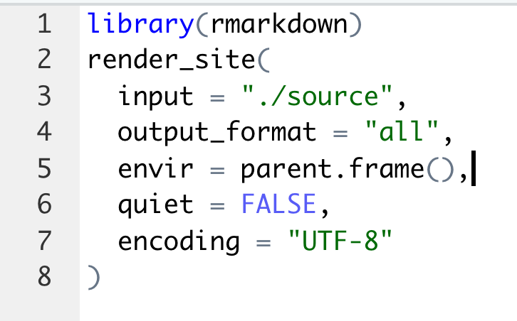 An R/RMarkdown Renderscript Using render_site. (top/left) Execute the code by pressing together (on Mac) command-shift-return. (bottom/right) All of your source files have now been complied to .htmls, your Images copied over, and a folder site_libs has been created which hooks all of your pages together (seen in Figure 14).