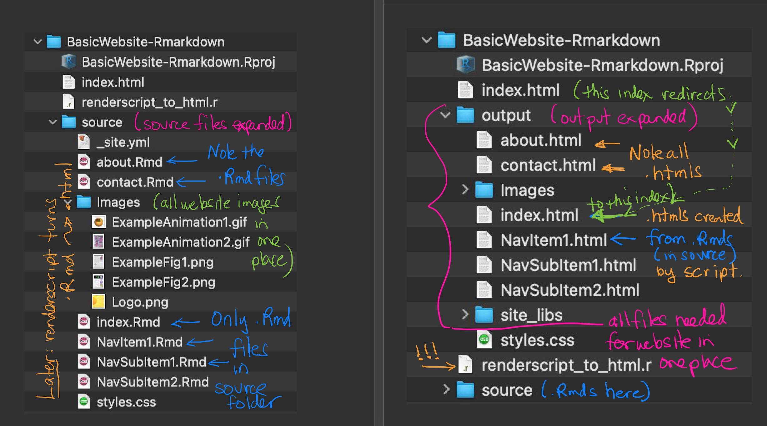 Basic RMarkdown Website Source and Output Files These are the source files that generate (with an R renderscript) all the output files for the site. Note that all the output files for the webpage are written into one convenient output folder. These files can be found in a public repository of my Bitbucket.