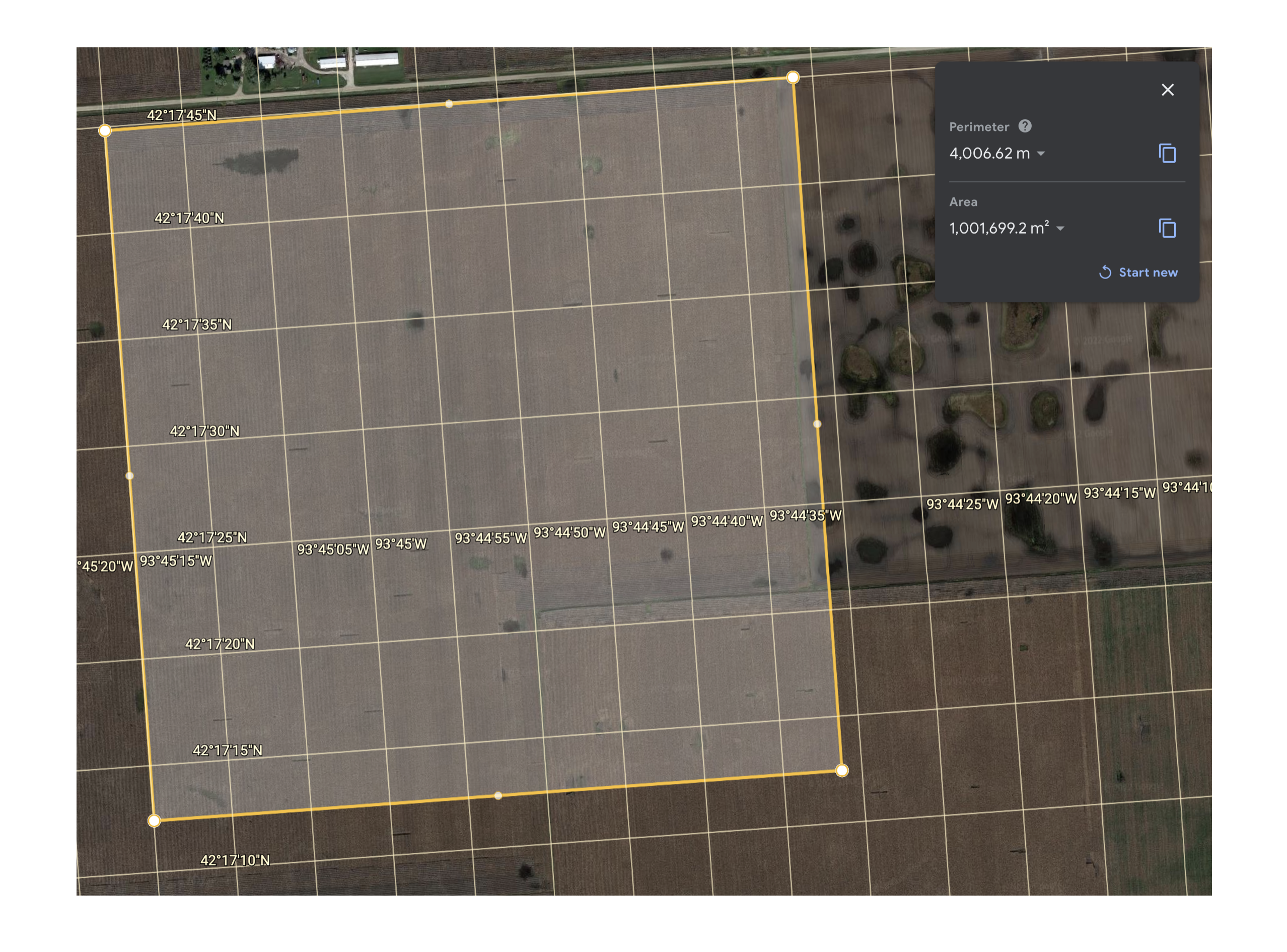 Measurements from Google Earth: Using the available (but likely imprecise measurement tools of Google Earth) the area of this \(1km \times 1km\) square at latitude \(\phi=0.83^{R}\) is approximately \(1km^{2}+1,700m^{2}\) which is clearly greater than \(1km^{2}\). The extra area is due to the curvature of the Earth.
