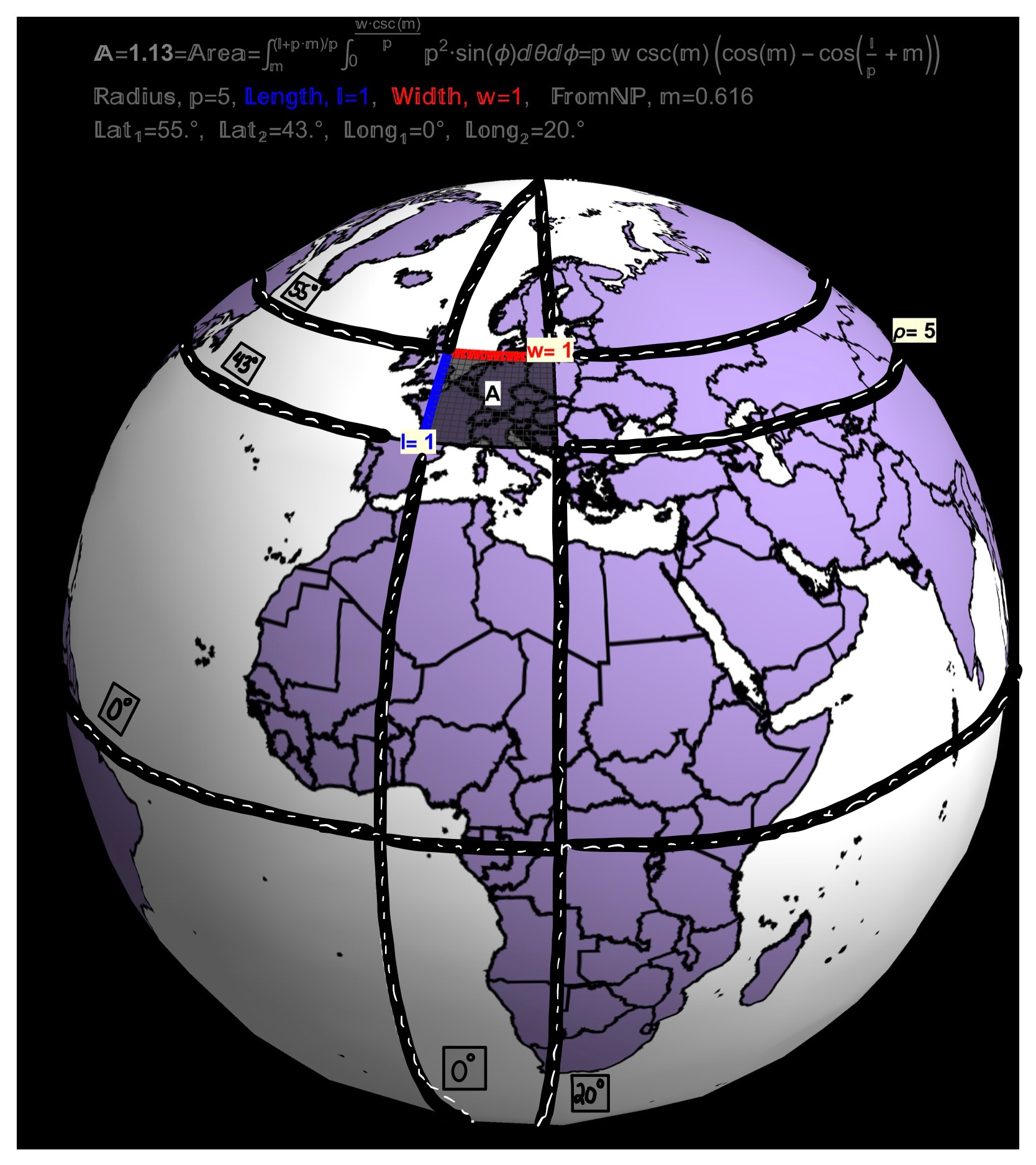 If the Earth was a Sphere of Radius \(\rho=5 (cm)\)… The \(\theta=0\) Line of Longitude is called the Prime Meridian and passes through England (particularly, Greenwich). The \(\phi=\pi/2\) Line of Latitude is called the Equator.